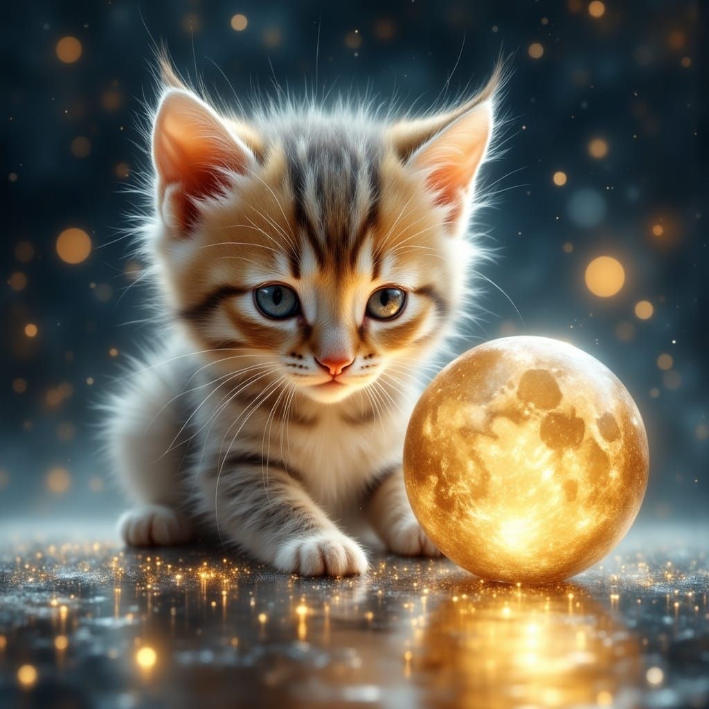 Kitten Playing with Moon in Dreamlike Hyperrealism