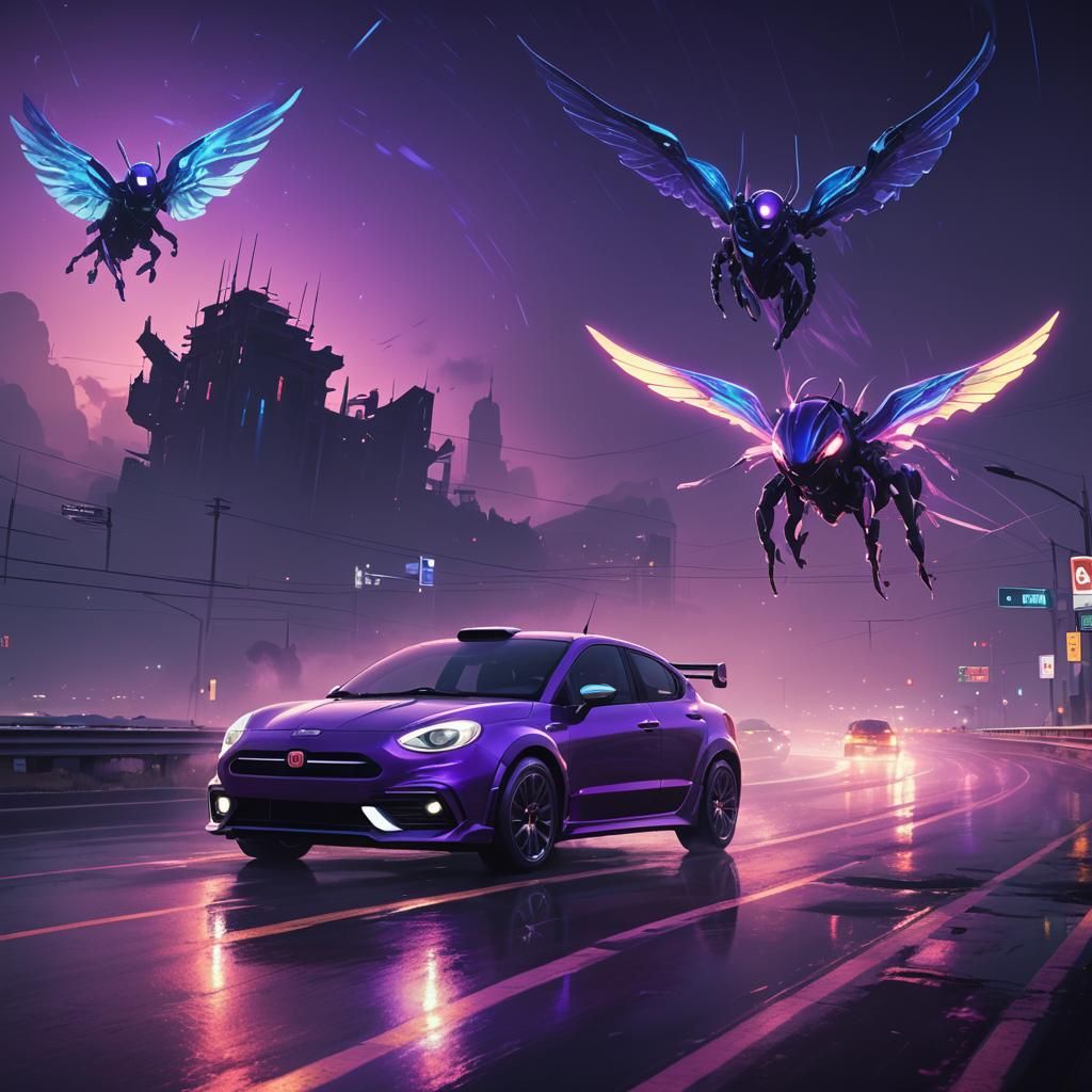 Futuristic Fiat Races Mythical Creature on Neon Highway