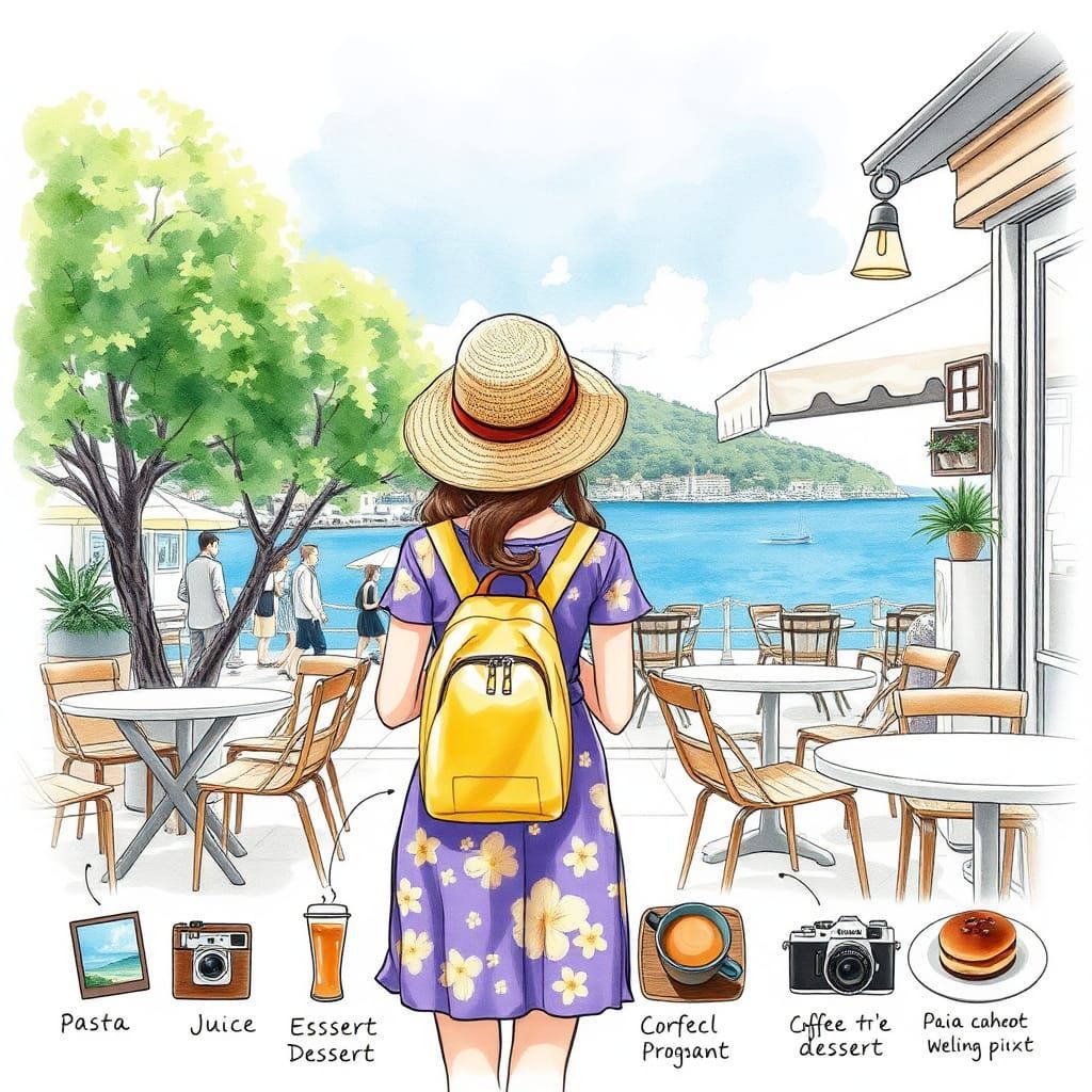 Watercolor Sketch of Seaside Coffee Shop