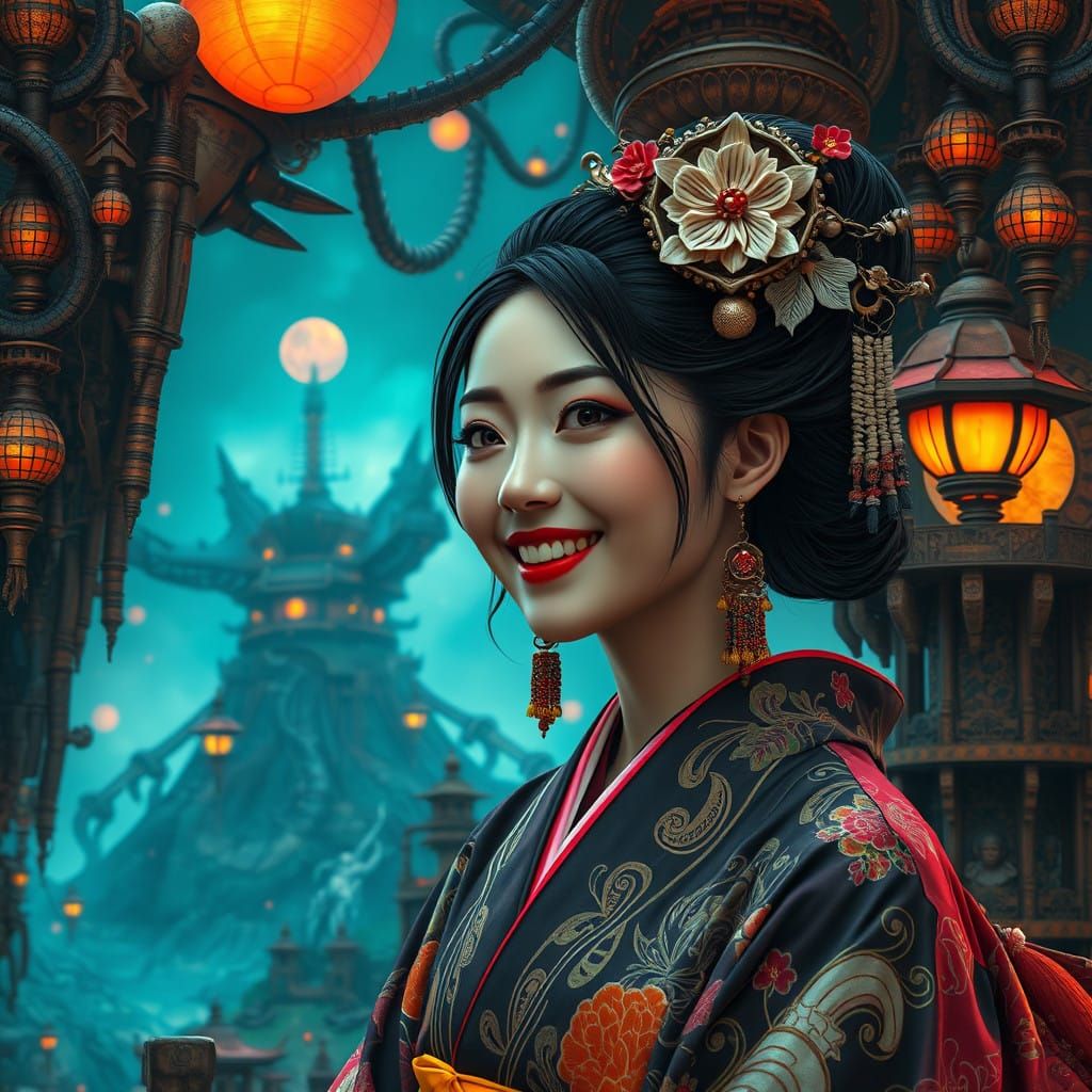 Japanese Woman in Dark Surreal Landscape with Biomechanical....