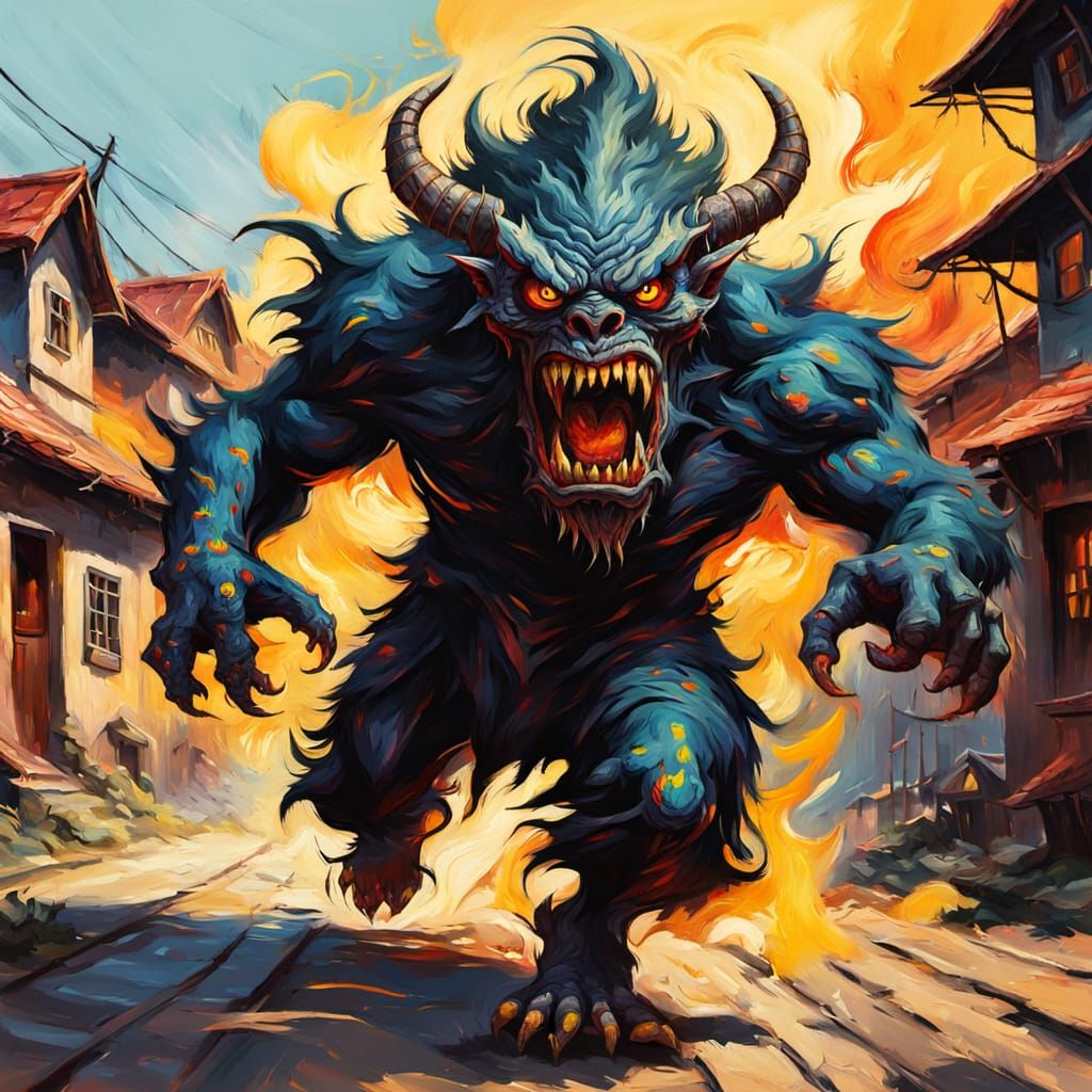 Demonic Monster Runs Through Village in Gouache Style