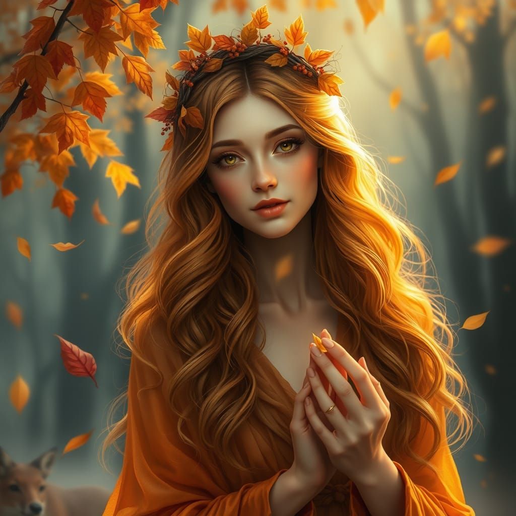Ethereal Autumn Woman in Misty Forest