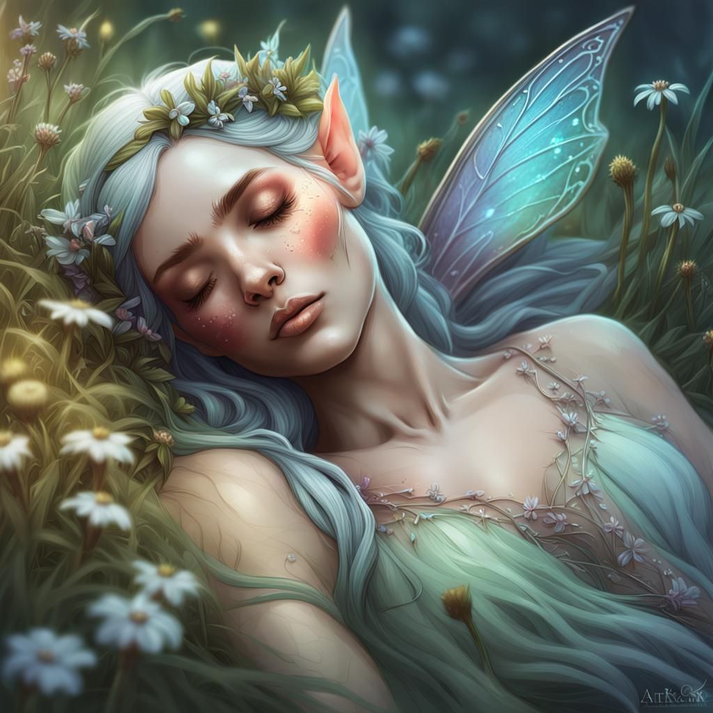 Line art illustration of a sleeping Female Fairy Elf Girl Fa...