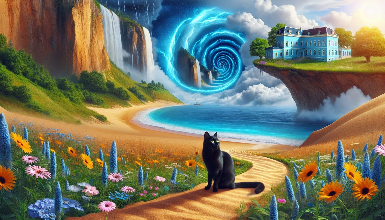 Surreal Black Cat in Whimsical Dreamworld