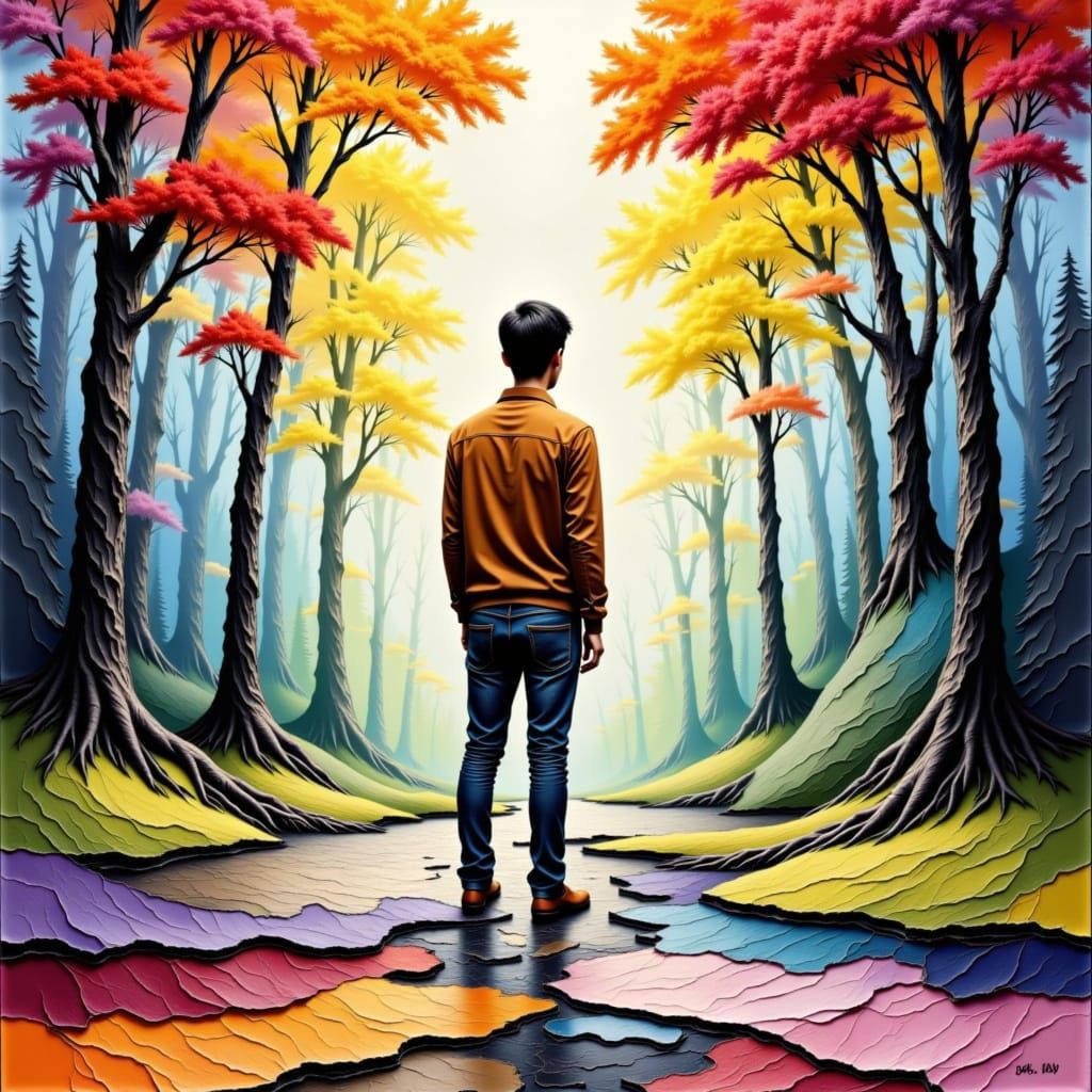 Vibrant Rainbow Collage with 3D Textures and Charcoal Stroke...