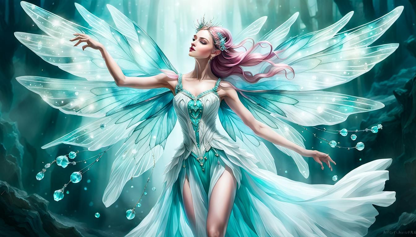 Dancing Fairy in Teal Dress with Crystalline Wings