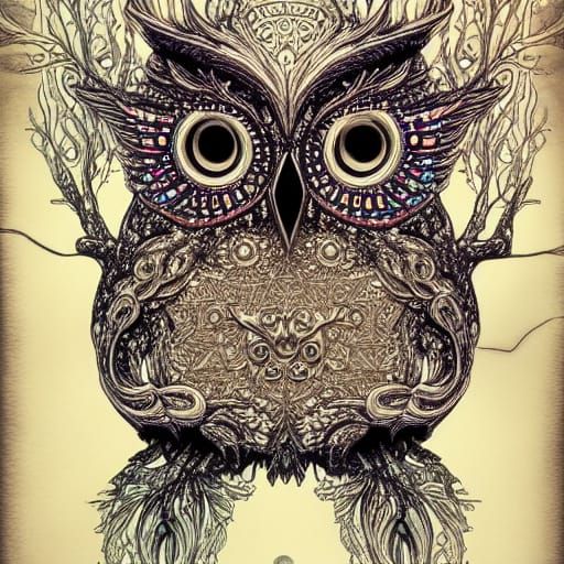 Cute Elldritch Owl in Ornate Surrealist Collage Illustration