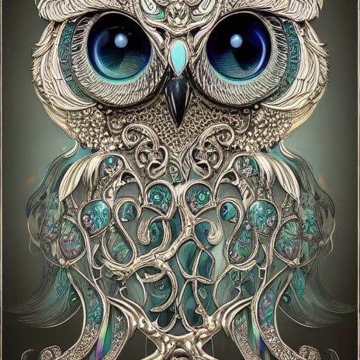 Crystal Owl on Branch: Ornate Surrealist Illustration