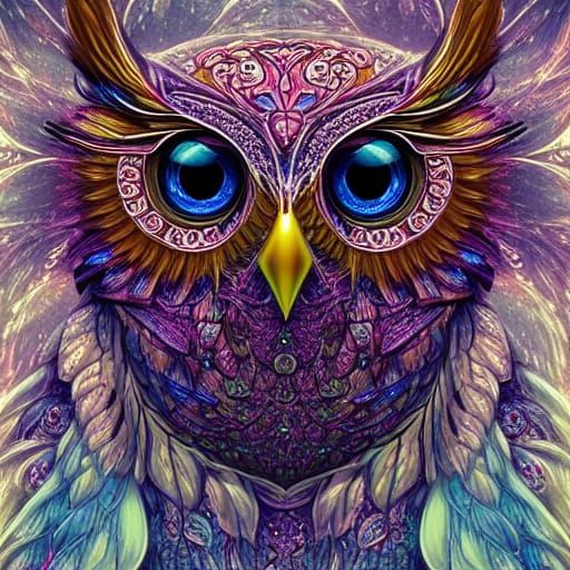 Crystal Owl on Branch in Surrealist Style