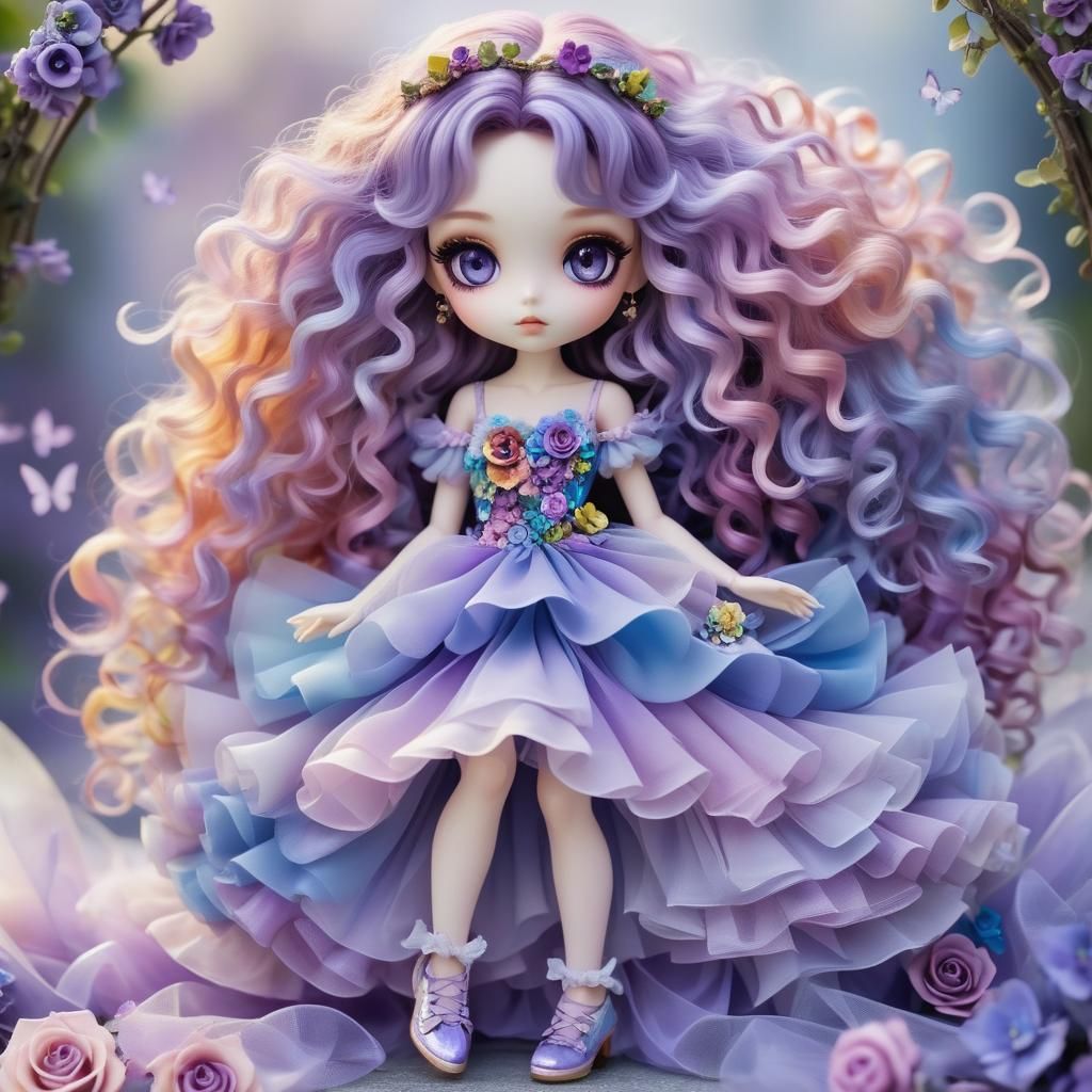 Chibi Fairy Girl with Rainbow Hair and Violet Eyes