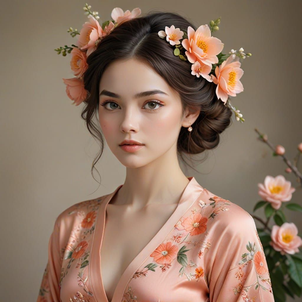 Ethereal Lady in Peach Robe with Floral Accents