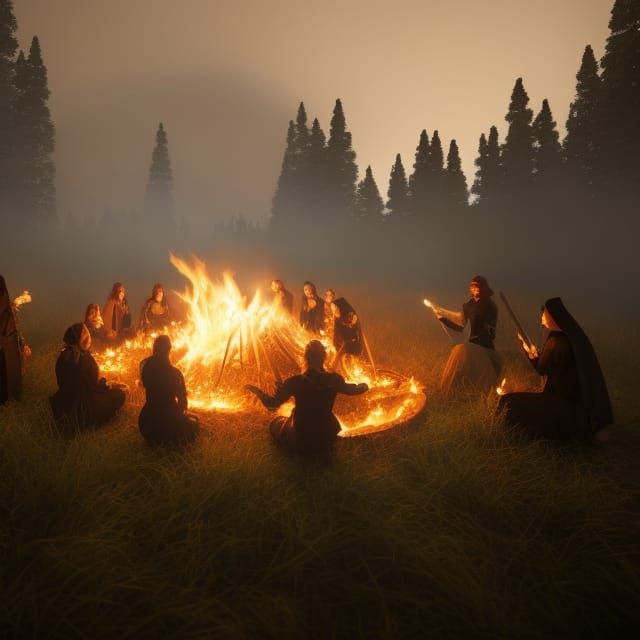 Surreal Witches Dancing Around a Bonfire in a Dark, Mystical...