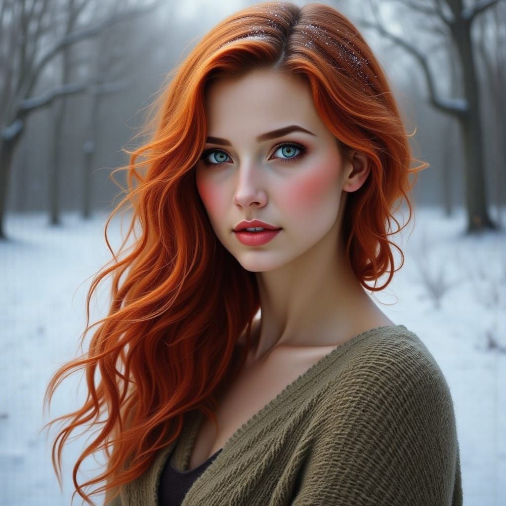 Fiery Winter Hair in a Mystical Landscape