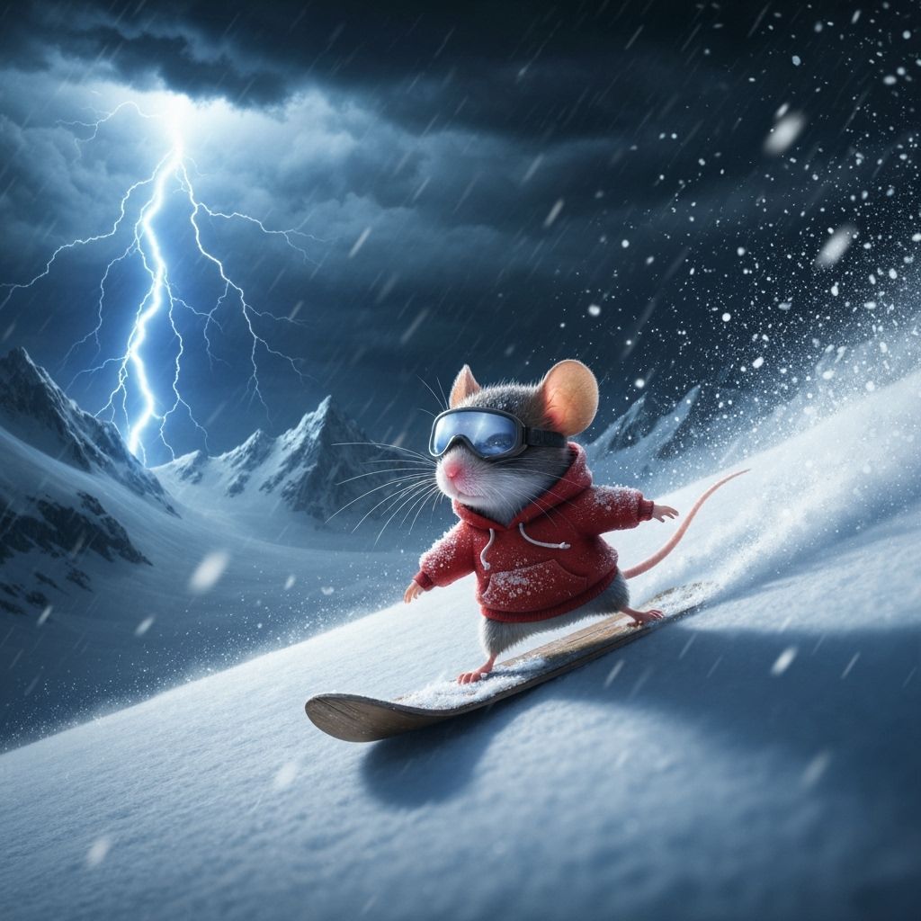 Mouse Snowboarding in a Night Snowstorm