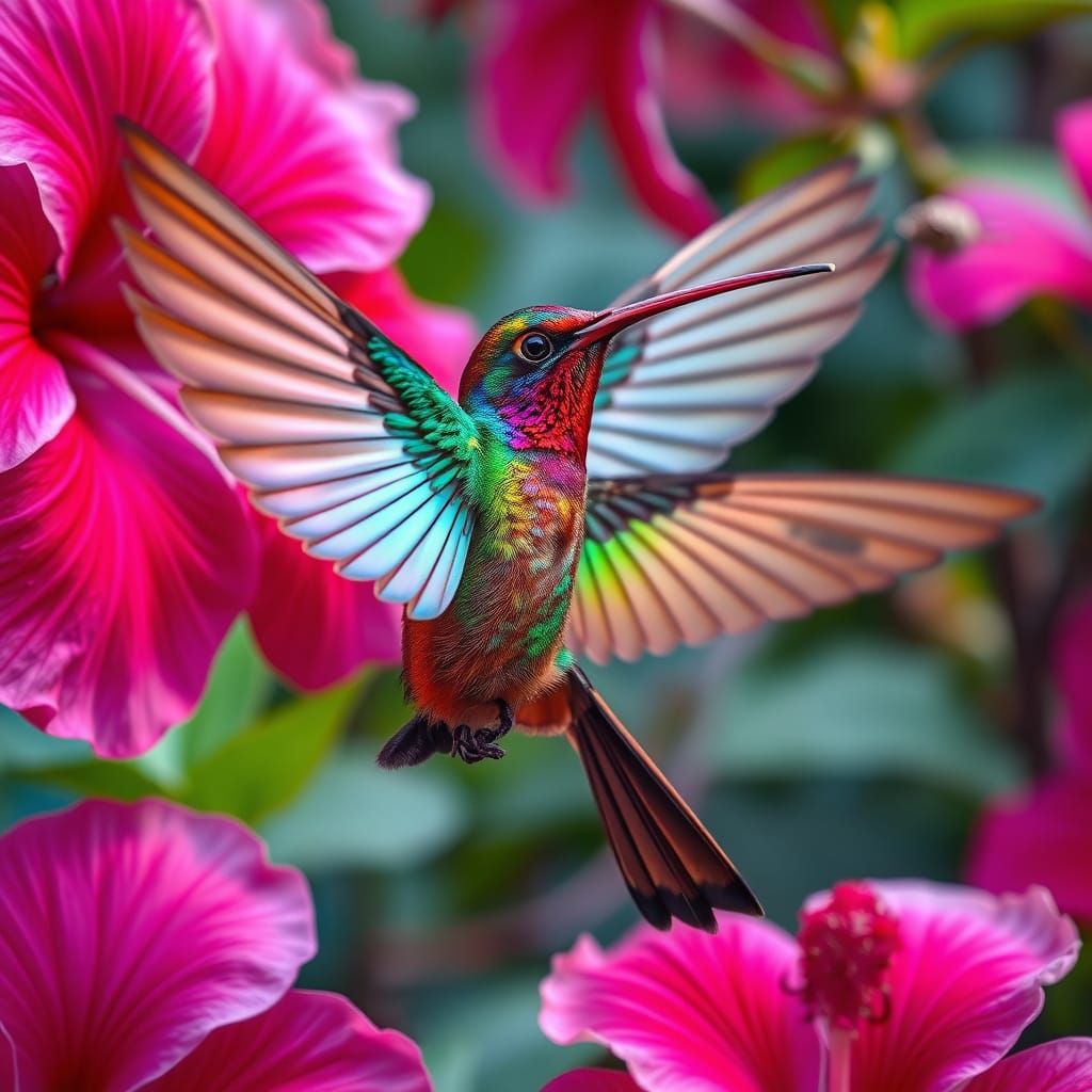 Iridescent Hummingbird in Paradise Garden, Photorealistic