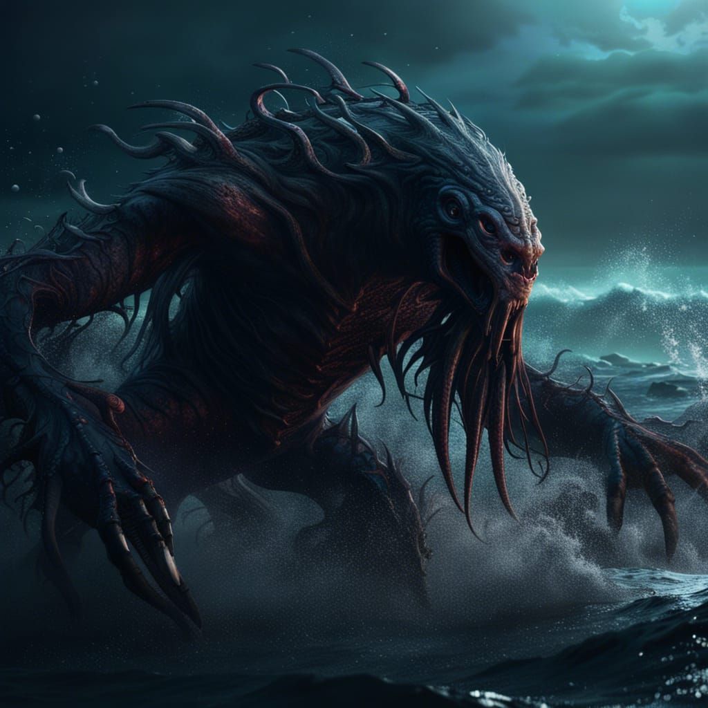 Dark Creature Emerges from Ocean: Fantasy Concept Art