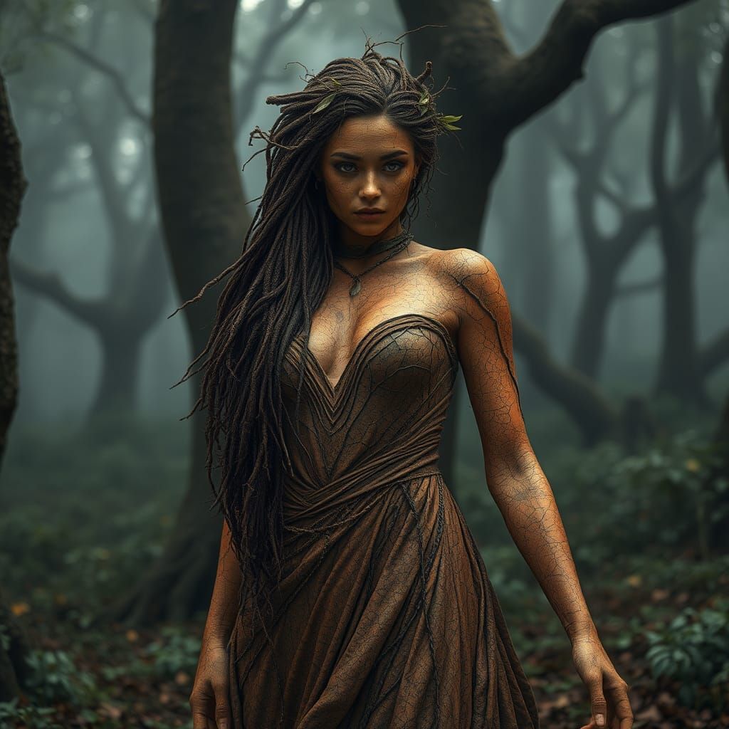 Earth Woman in Misty Forest, Hyperrealistic Style