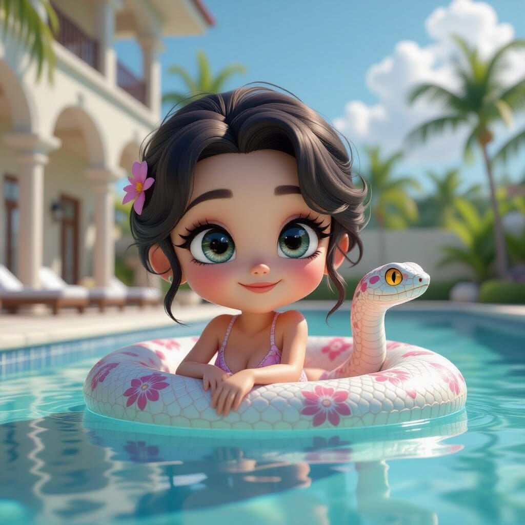 Chibi Girl Relaxing by Pool in Animated Style