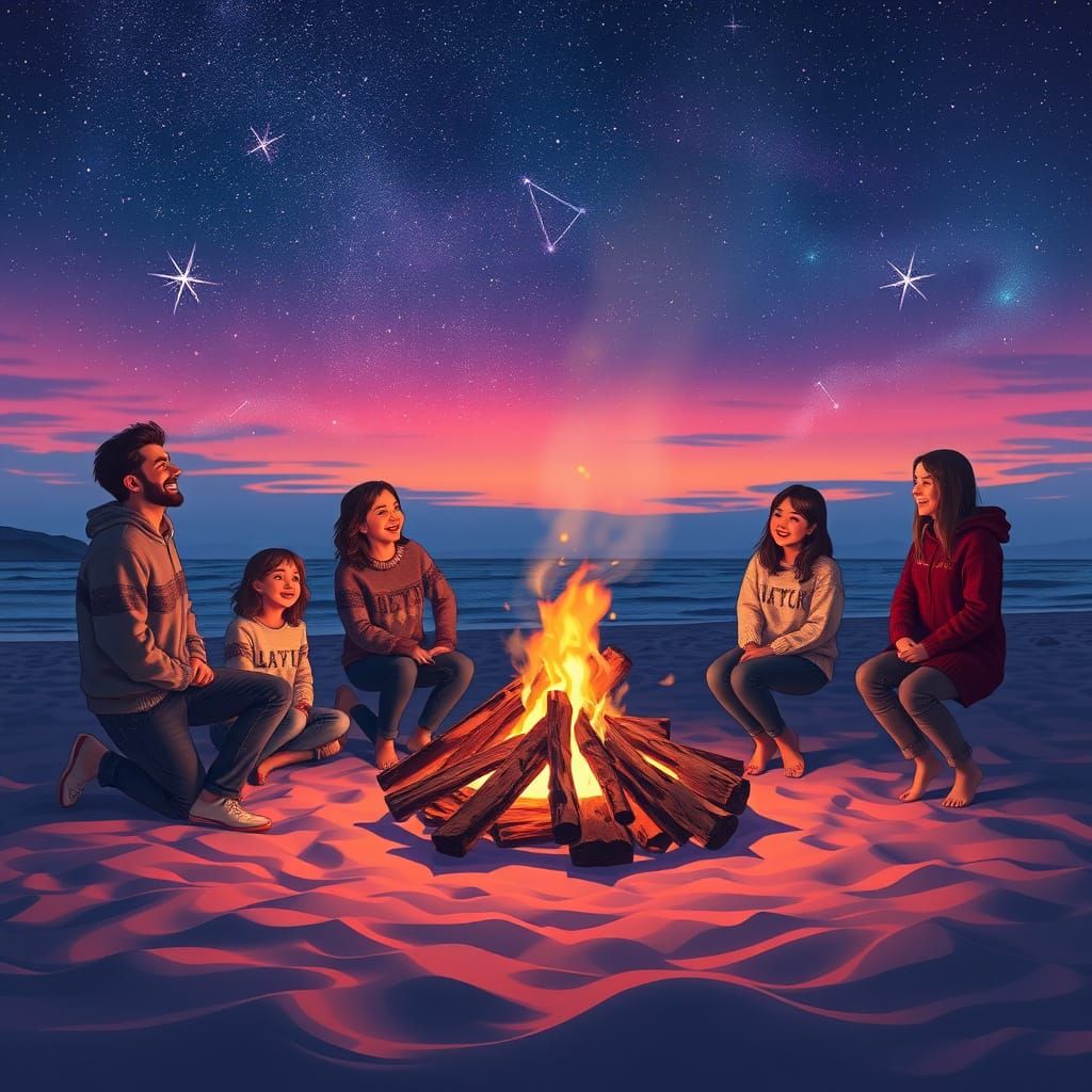 Bonfire on Beach Under Starry Sky in Romantic Style
