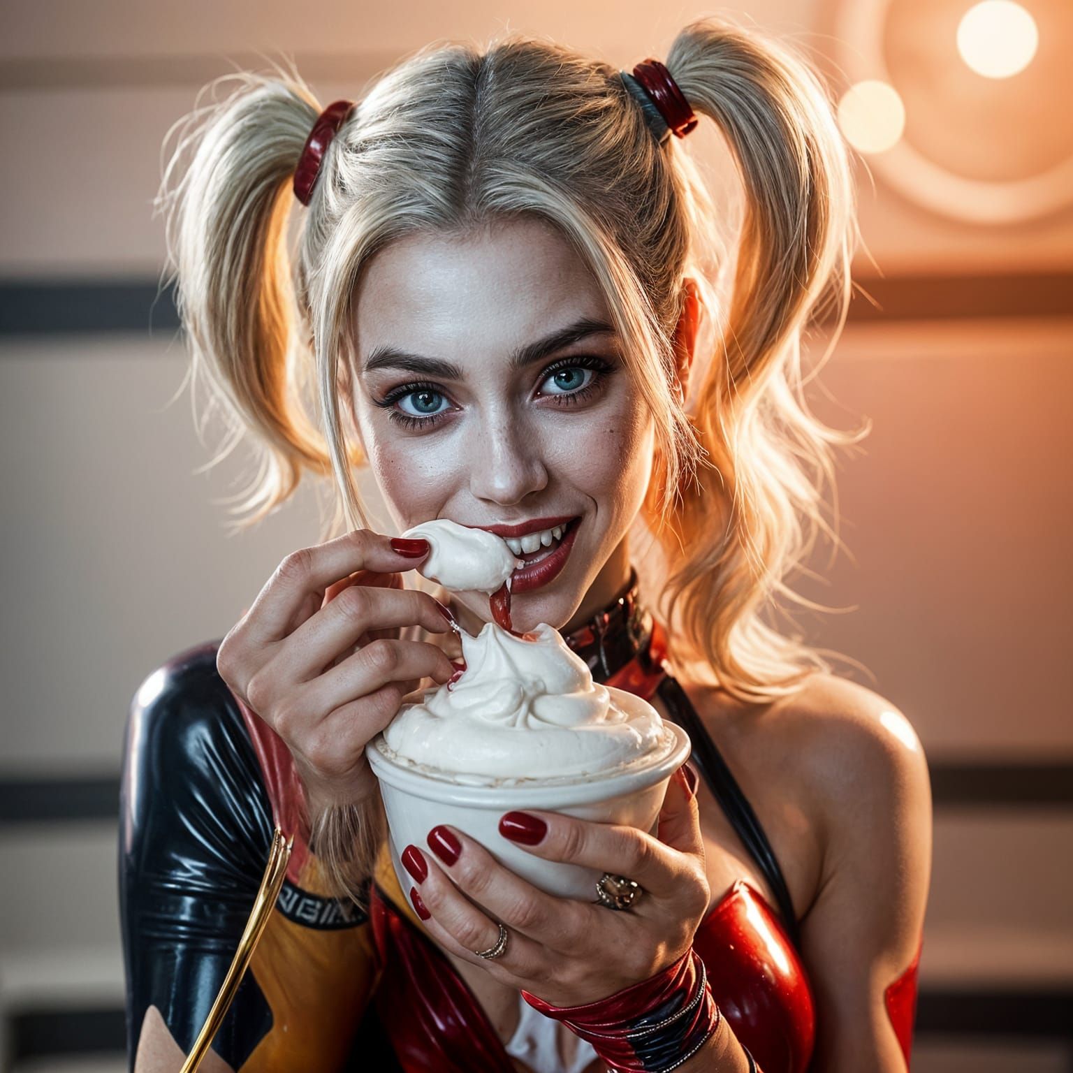 Harley Quinn Hyperrealistic Image: Pudding Mischief