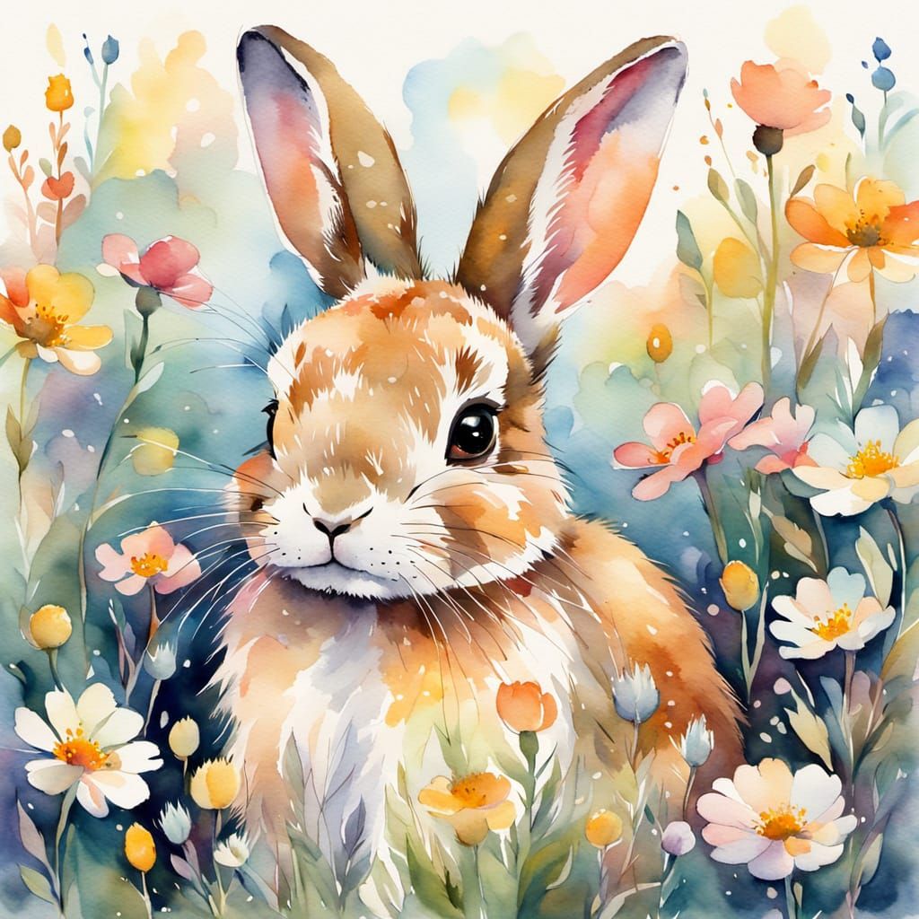 Whimsical Watercolor Rabbit in a Field of Blooms