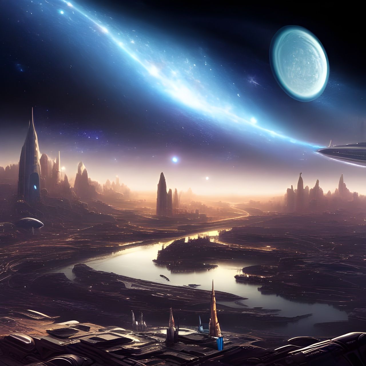 Futuristic Moonlit Cityscape with Hubble Galaxies