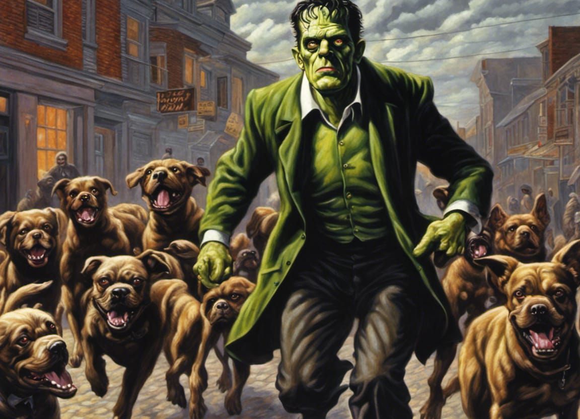 Frankenstein's Monster chased by a mob with dogs