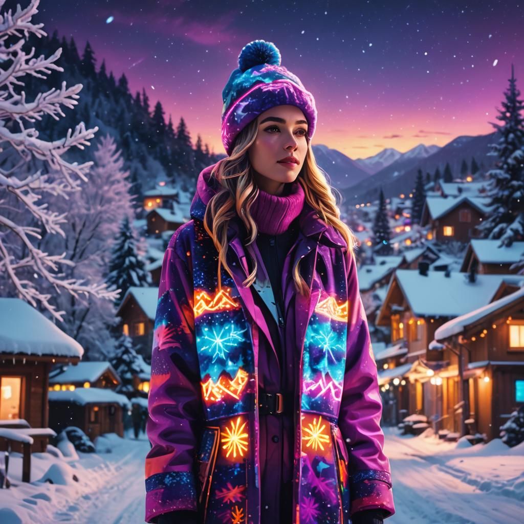 Synthwave Woman in Neon Winter Wonderland