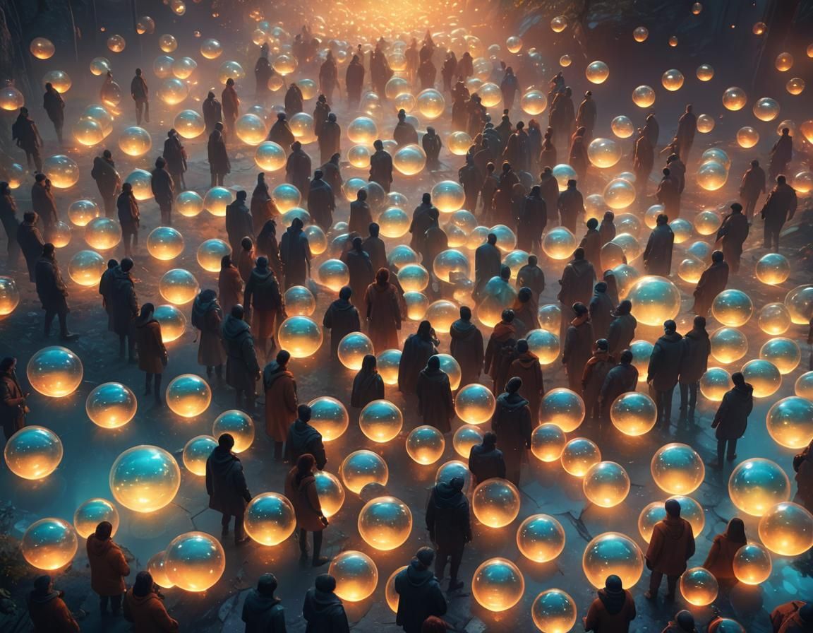 People Trapped in Iridescent Orbs: Vibrant Digital Art