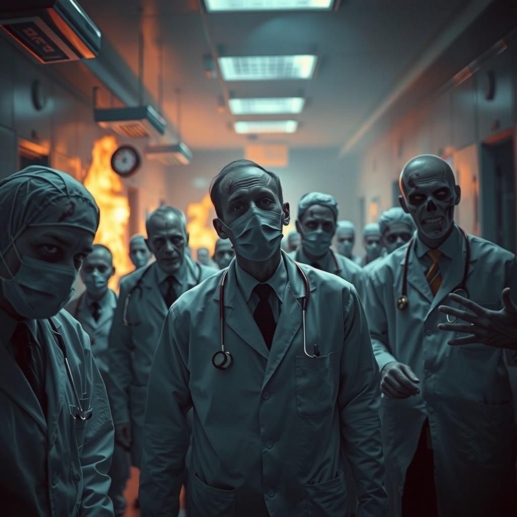 Zombie Doctors in Burning Hospital: Hyperrealistic Image