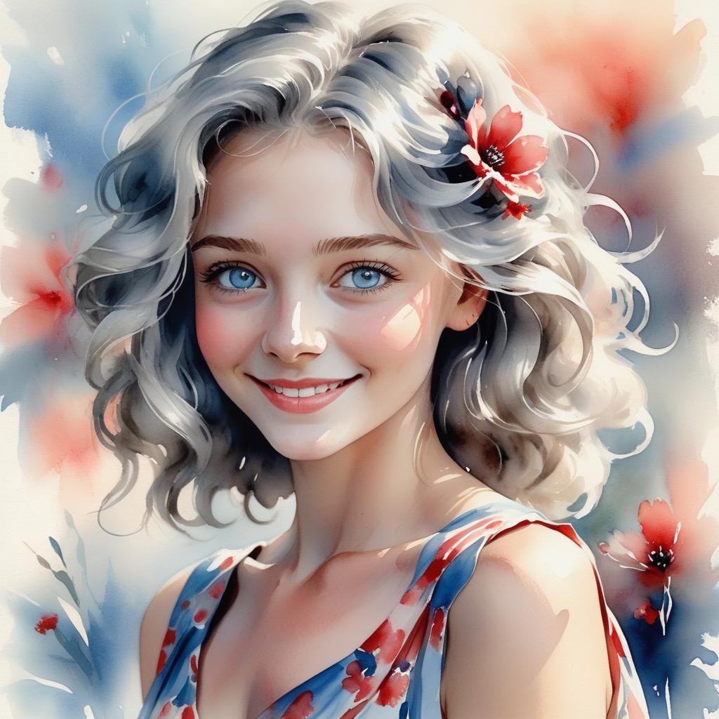 Watercolor Portrait of a Girl with Blue Eyes