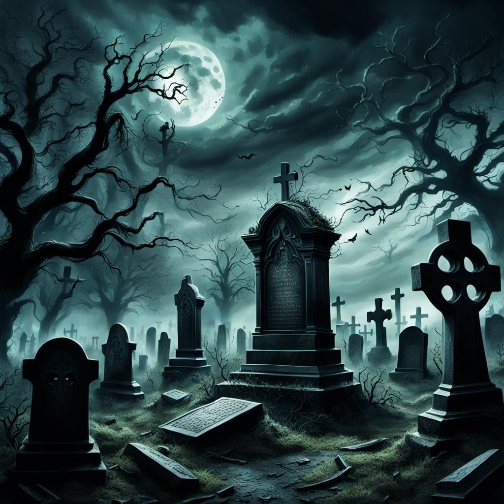 Eerie Graveyard with Ghosts in Dark Fantasy Style