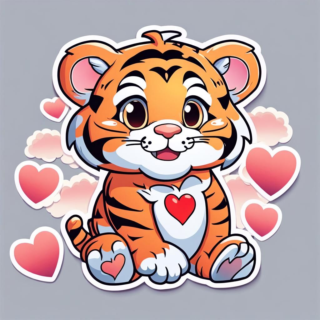 Cute Cartoon Baby Tiger with Heart Clouds