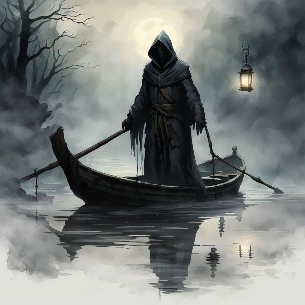 Charon's Misty River Journey in Ethereal Light