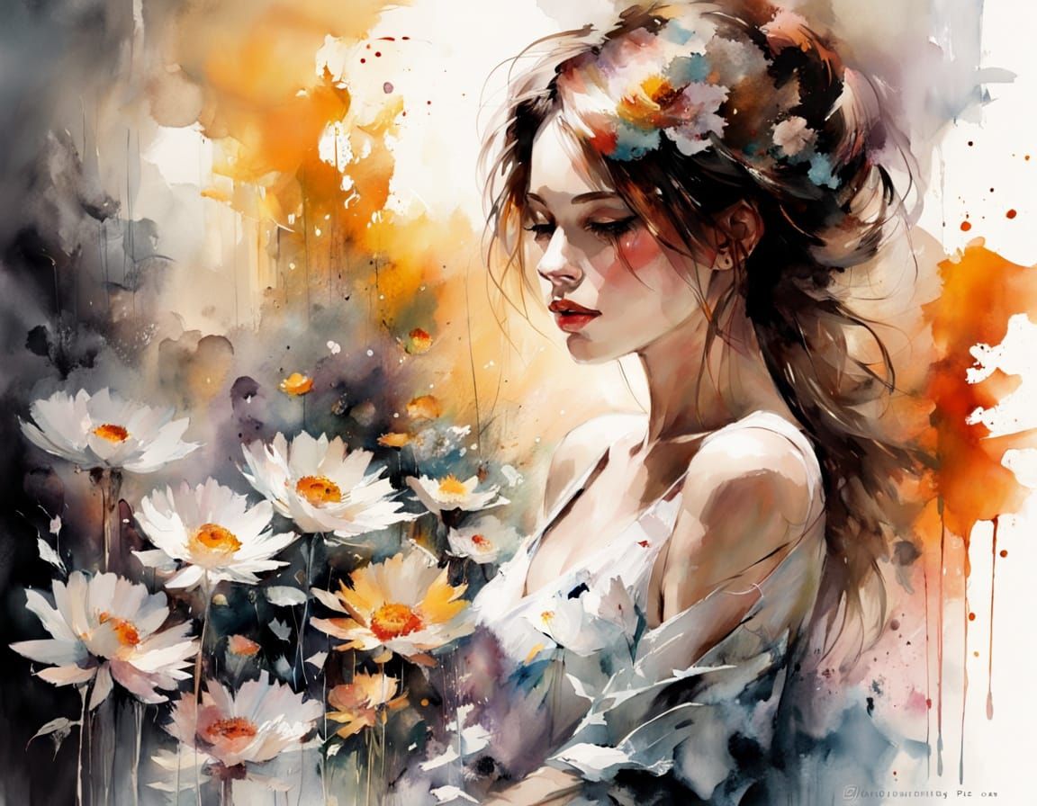 Cyborg Meditates Amidst Wildflowers in Ethereal Watercolour