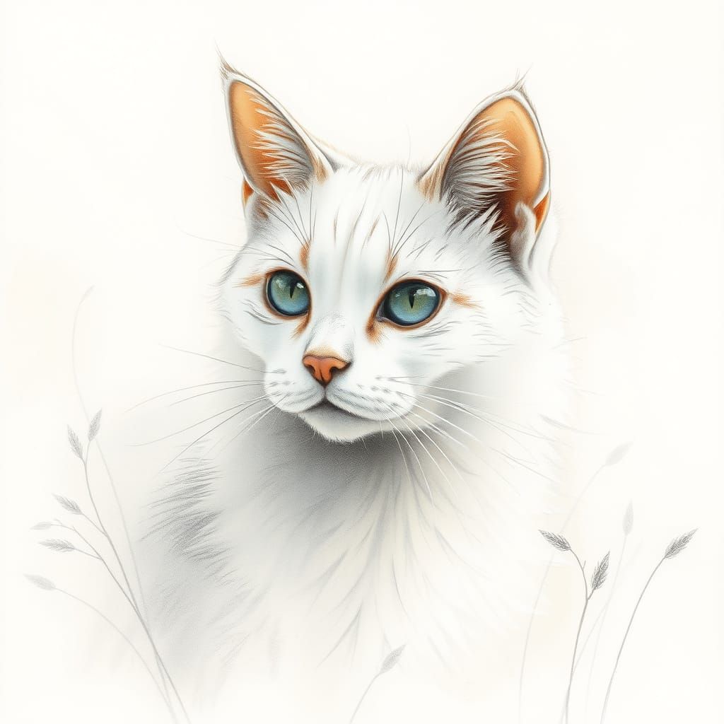 White Cat in Misty Color Pencil Sketch