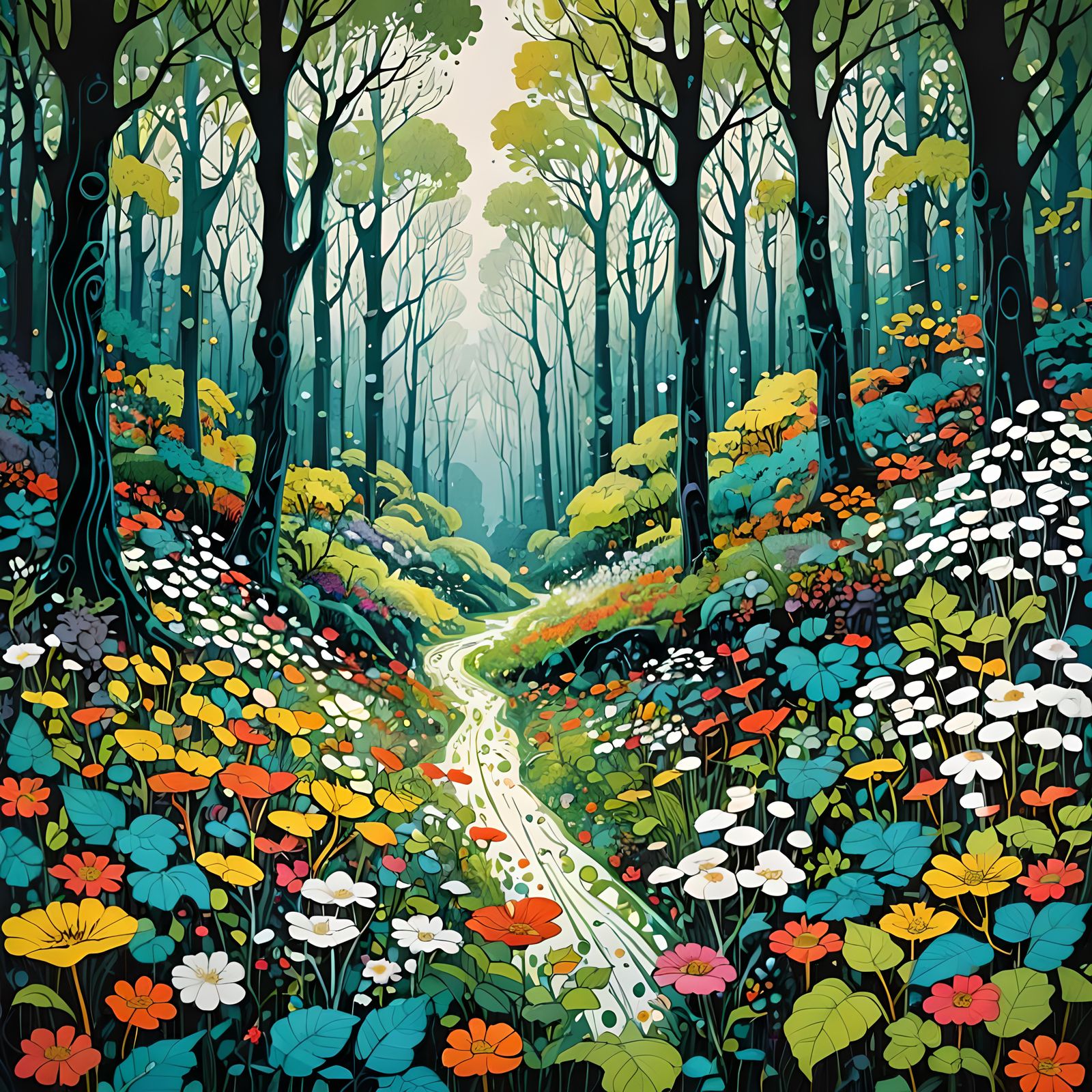 Whimsical Forest Scene in Vibrant Oil Gouache Colors