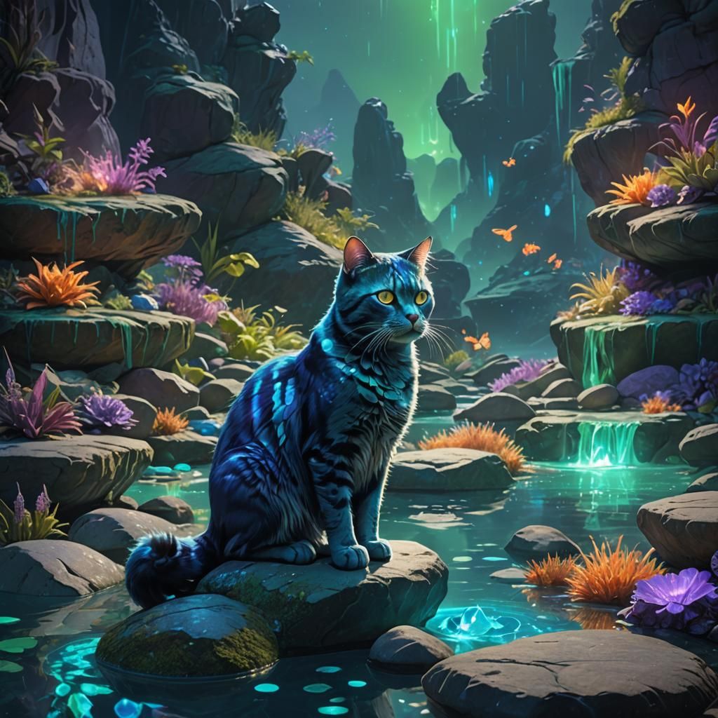 Bio-Illuminist Cat in Bioluminescent Pool