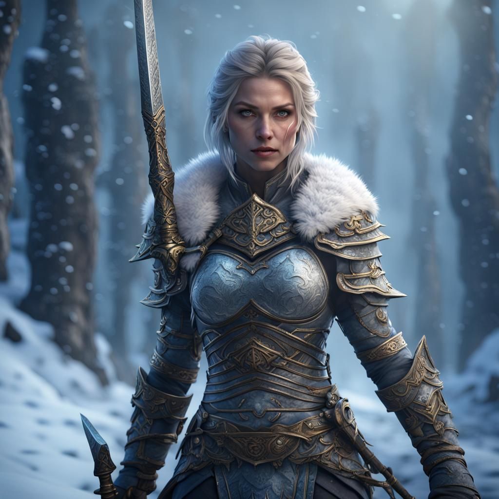 Female Warrior in Winter Landscape: Detailed Matte Painting
