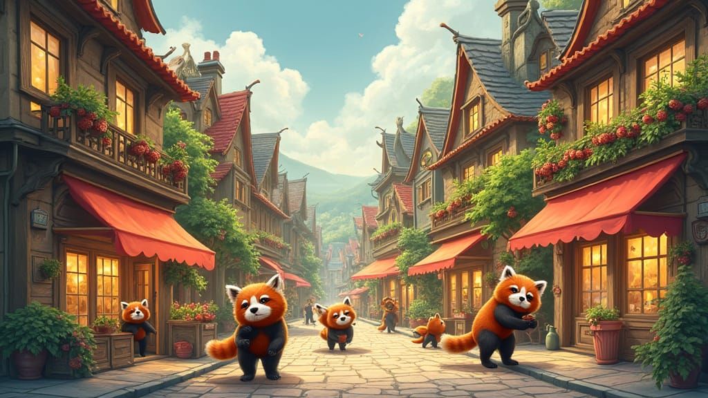 Whimsical Red Panda Cityscape with Magical Ambiance