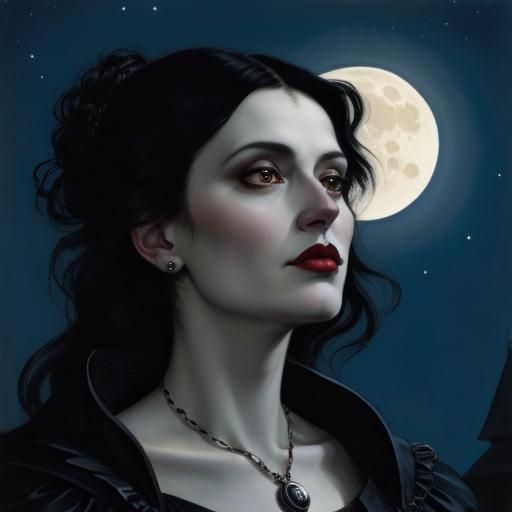 Gothic Woman Gazing at Moon in Gouache Style