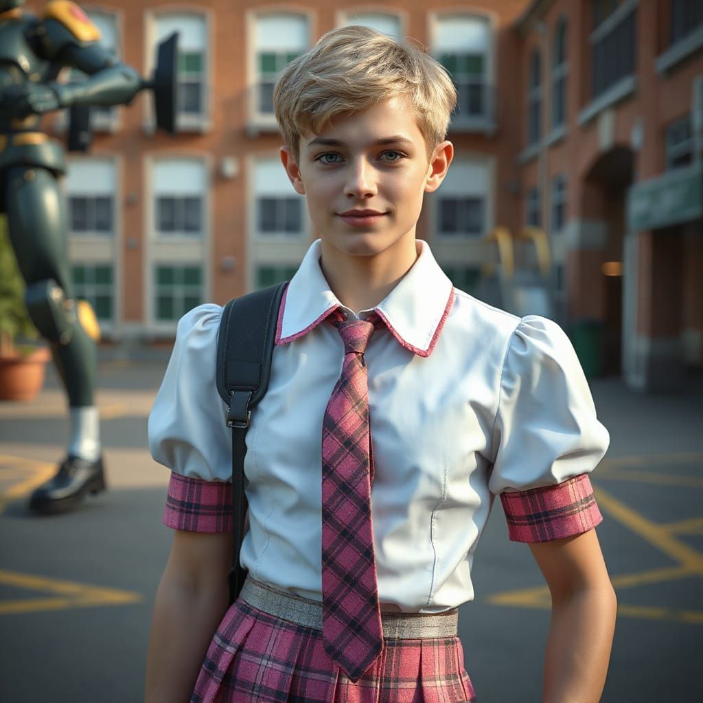 Confident Young Crossdresser in Futuristic School Uniform