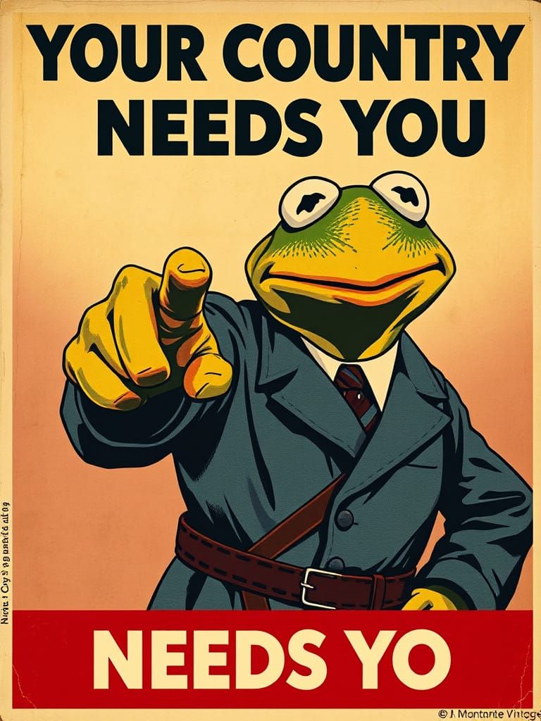 WWI poster 'Your Country Needs You ' with Kermit the Frog po...