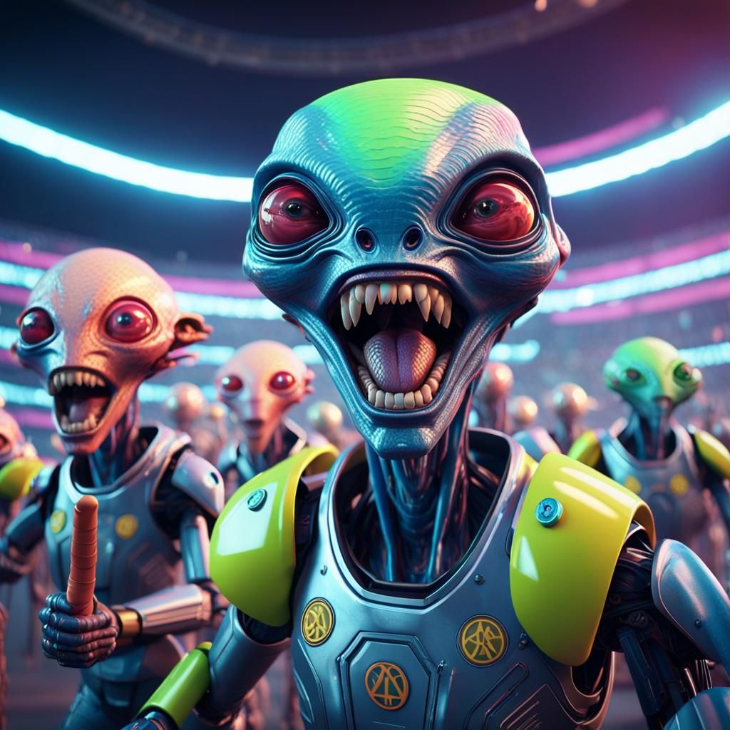 Alien Baseball Fans Cheer in Futuristic Space Stadium