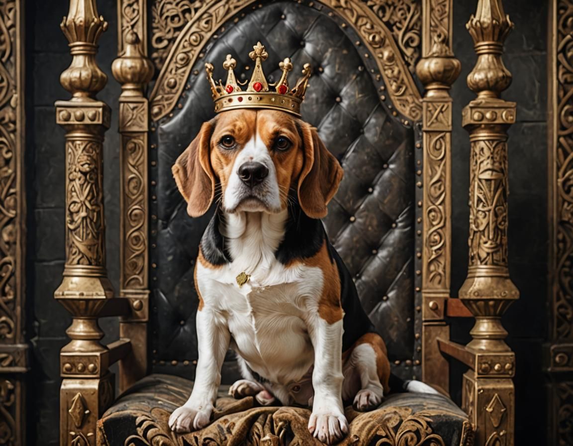 Beagle King on Medieval Throne with Crown