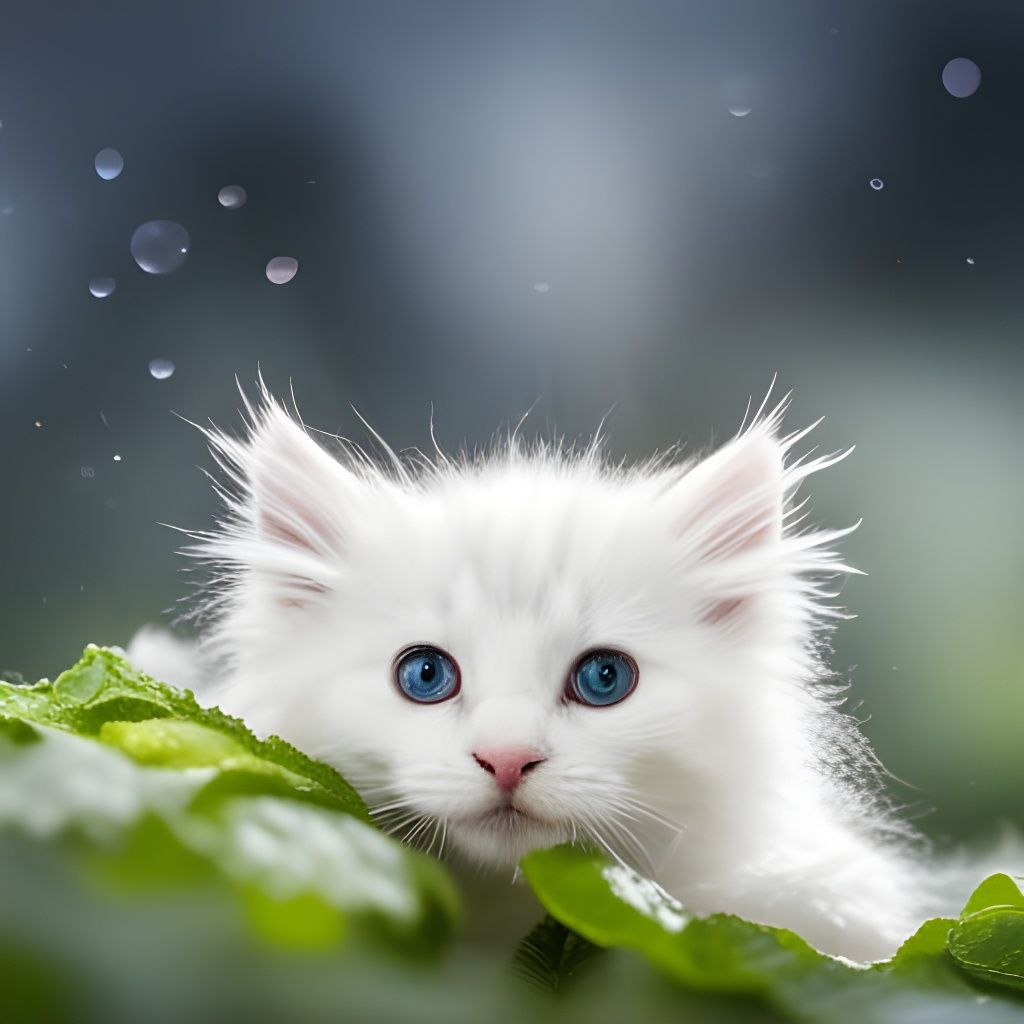 White Kitten Enjoys Rainy Day: Professional Photography