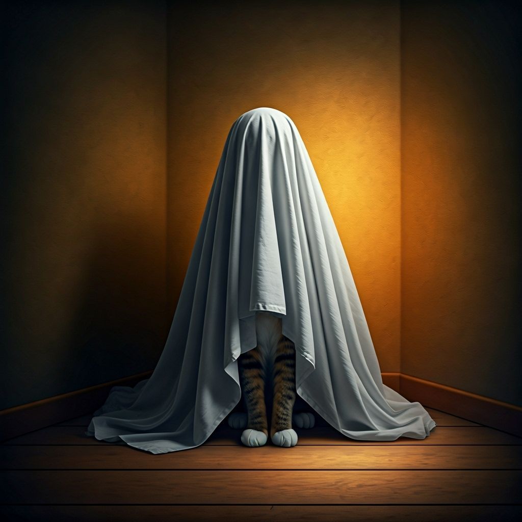 Anthropomorphic Cat Hiding as Ghost With Sheet