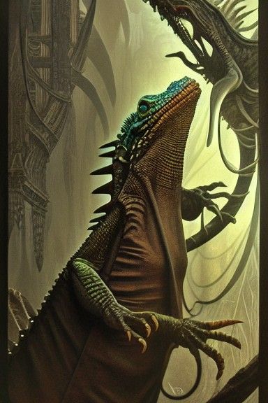 Punk Lizard Man Smile in Alfons Mucha Style