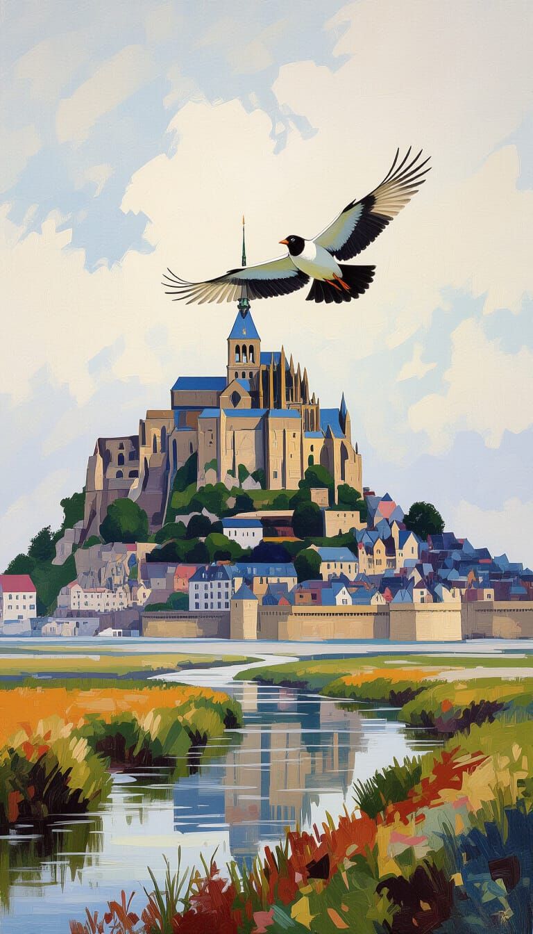Bird Soaring Over Mont Saint Michel, Dreamy Landscape