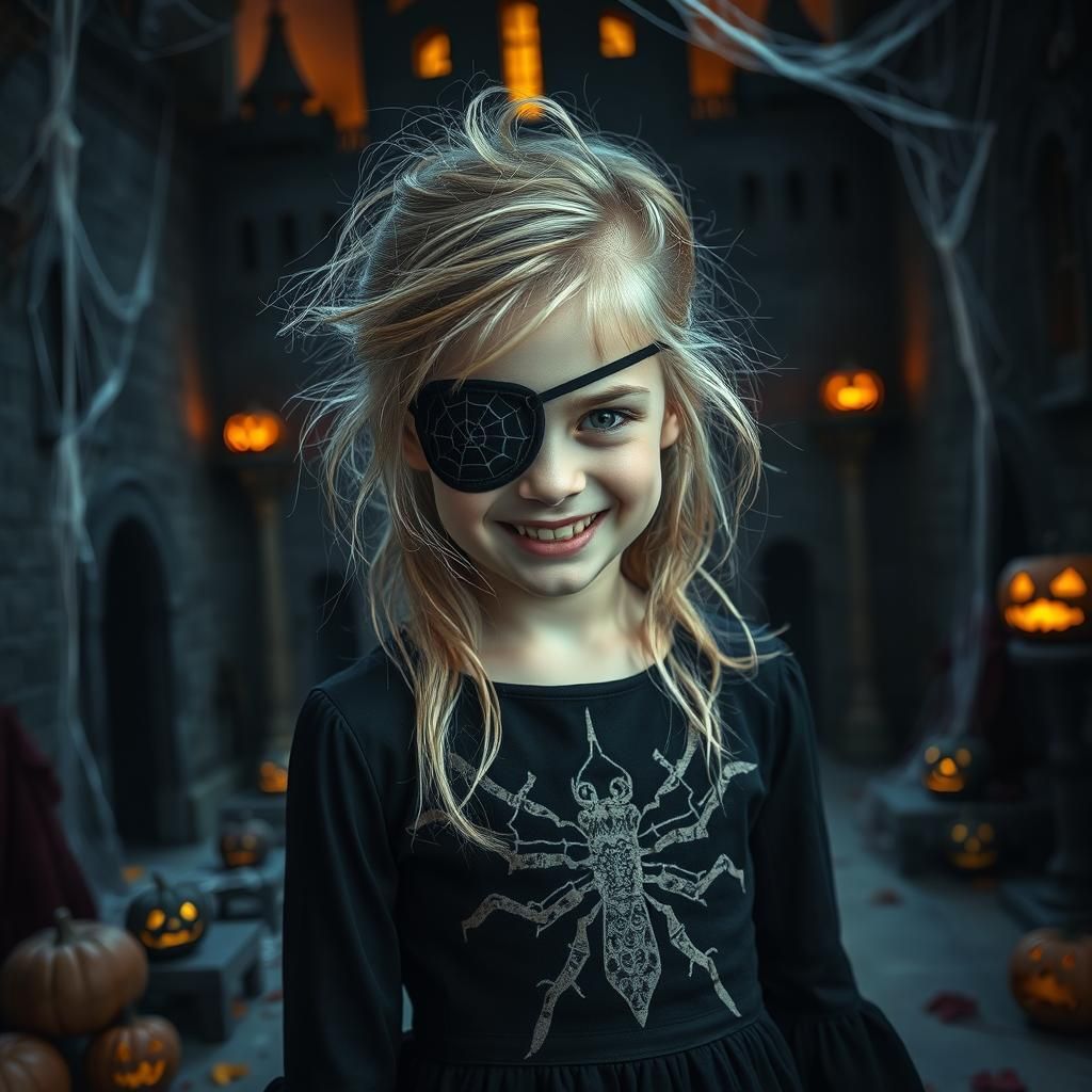 Eerie Halloween Portrait of Girl with Spiderweb Eyepatch
